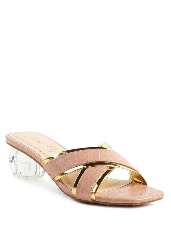 STELLAR GOLD LINE CROC TEXTURED LOW HEEL SANDALS