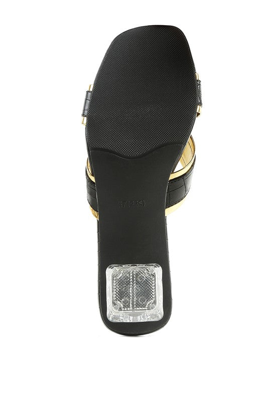 STELLAR GOLD LINE CROC TEXTURED LOW HEEL SANDALS