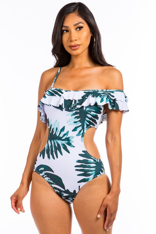 OPEN SIDED ONE PIECE BATHING SUIT WITH RUFFLED SHO