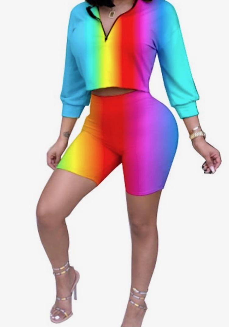 2 PC Rainbow Mid Sleeve Biker Short Set